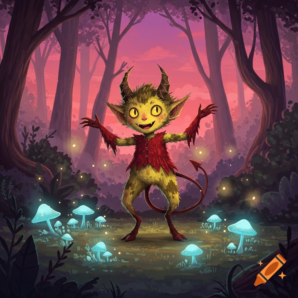 A cartoon imp with horns and a tail stands in a magical forest surrounded by glowing blue mushrooms.
