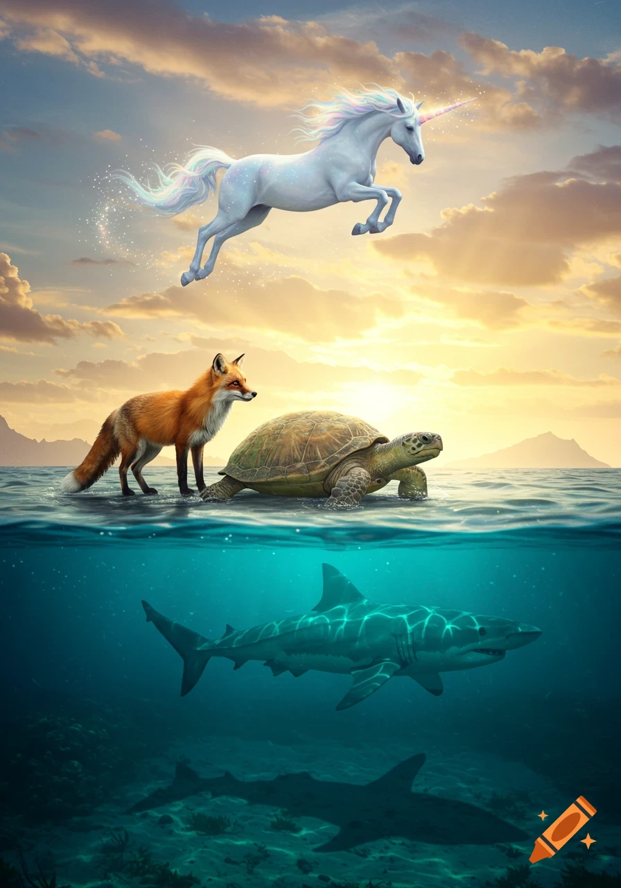 A photorealistic image with a unicorn leaping in a sunset sky, a fox and turtle standing in the ocean, and a shark swimming underwater.