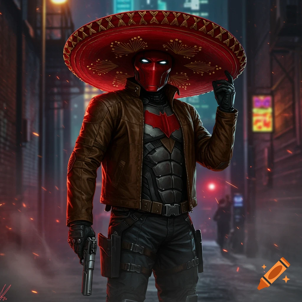 Red Hood in a brown leather jacket and armored suit, wearing a large red sombrero, standing in a dimly lit city alley, holding a pistol.