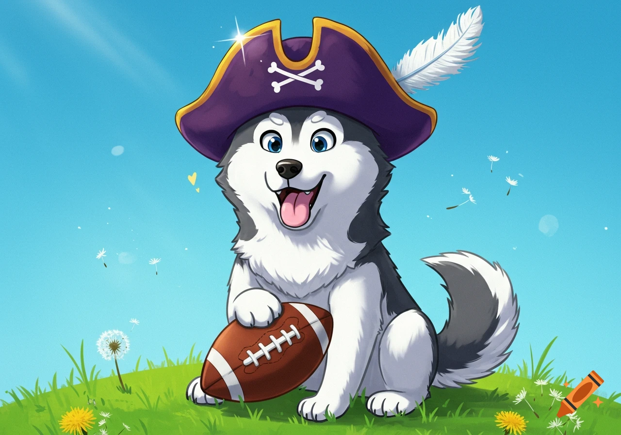 Cartoon husky wearing a purple pirate hat, holding a football on a grassy hill under a blue sky.