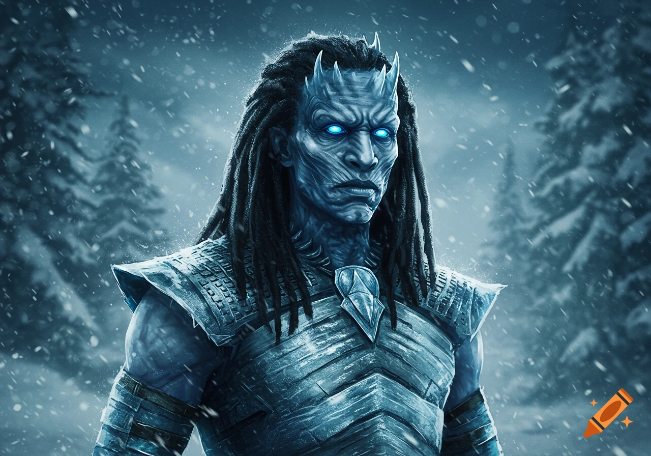 A detailed fantasy portrait of a blue-skinned character with glowing eyes and dreadlocks, wearing icy armor in a snowy forest.