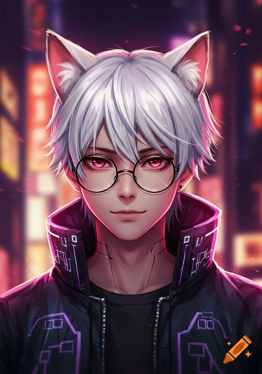 Anime portrait of a young man with white hair, cat ears, red eyes, and glasses, wearing a cyber-style black jacket against a neon city background.