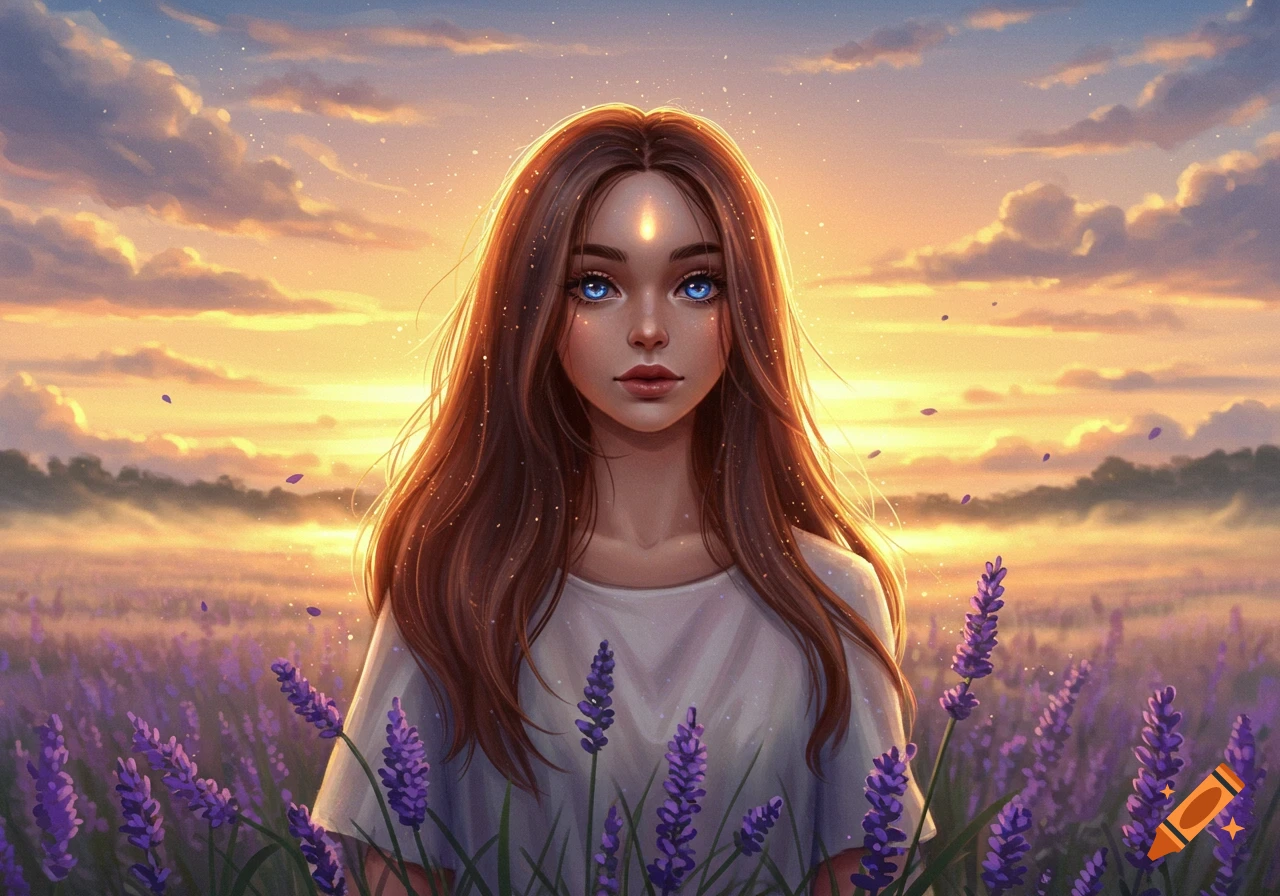 Digital art of a girl with long brown hair and blue eyes in a lavender field at sunset.
