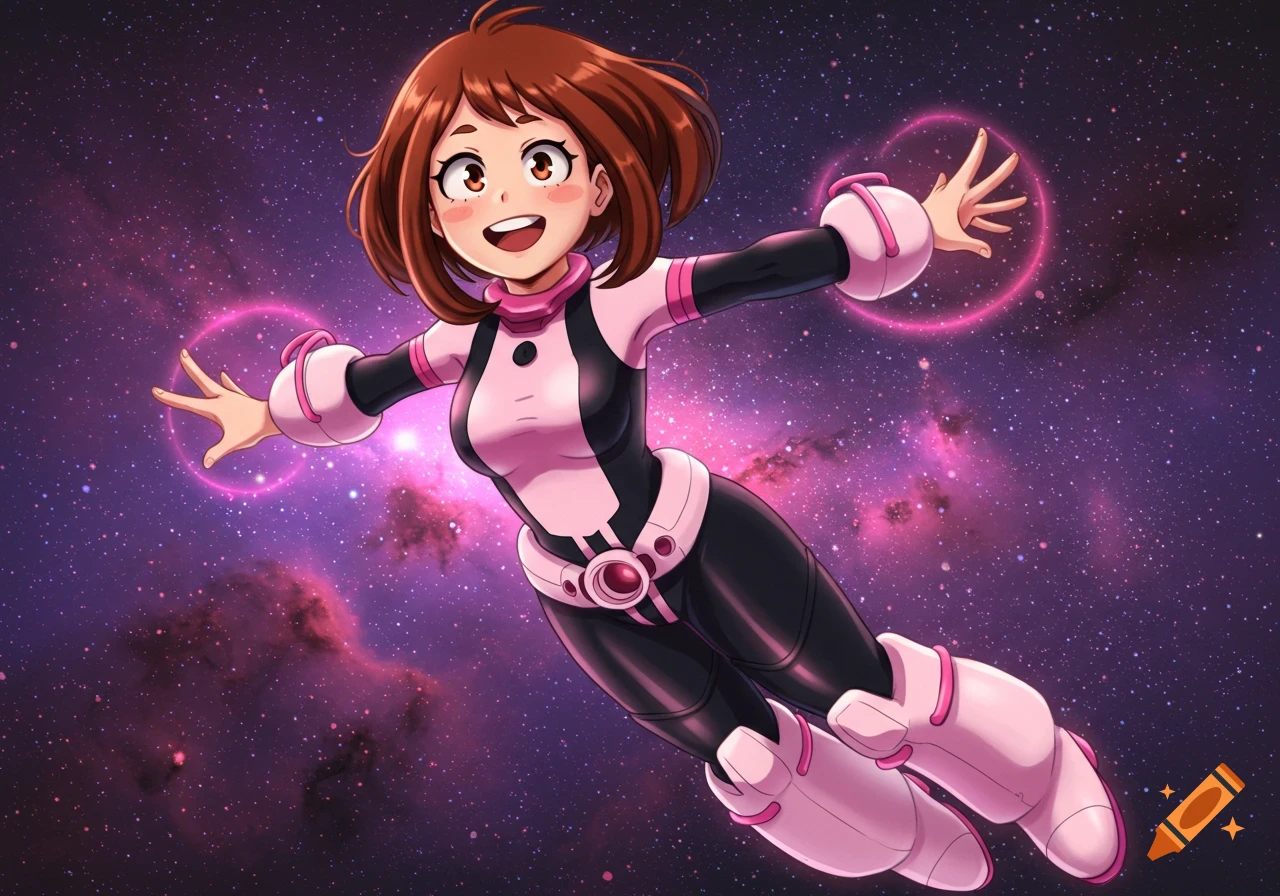 Anime character Uraraka floats in a starry purple and pink space, with glowing pink rings around her hands.