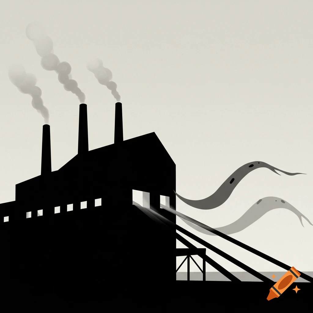 Minimalist black silhouette of a factory with three smoking chimneys and two shadowy, tentacle-like forms emerging from an opening.