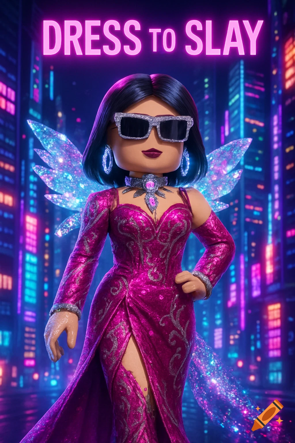 A Roblox-style character in a sparkling pink dress, glittery wings, and sunglasses stands before a neon city backdrop. Text above reads DRESS TO SLAY.