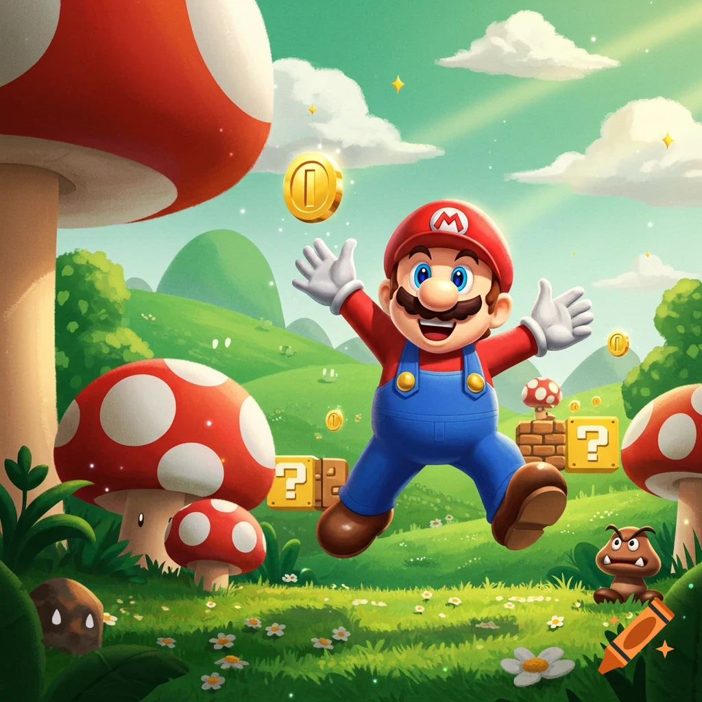Mario jumps with arms outspread in a vibrant cartoon landscape with green hills, red mushrooms, and gold coins.