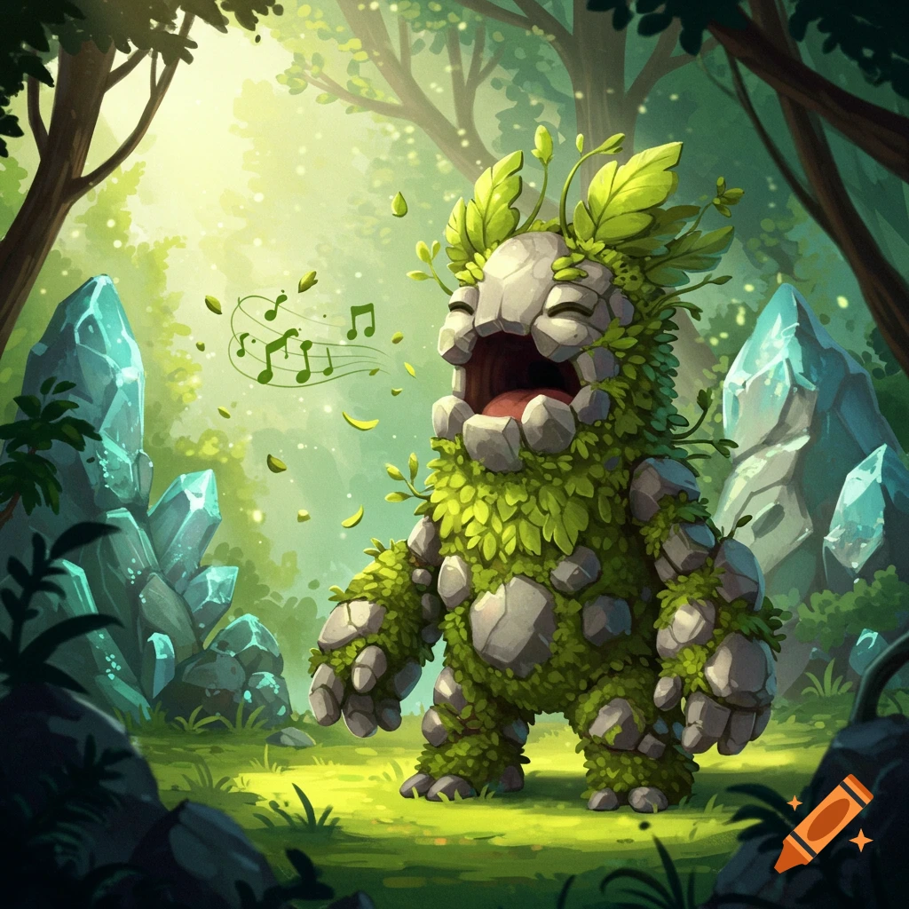 A cartoonish monster made of rocks and green leaves sings joyfully in a sunlit forest, with musical notes floating from its mouth.