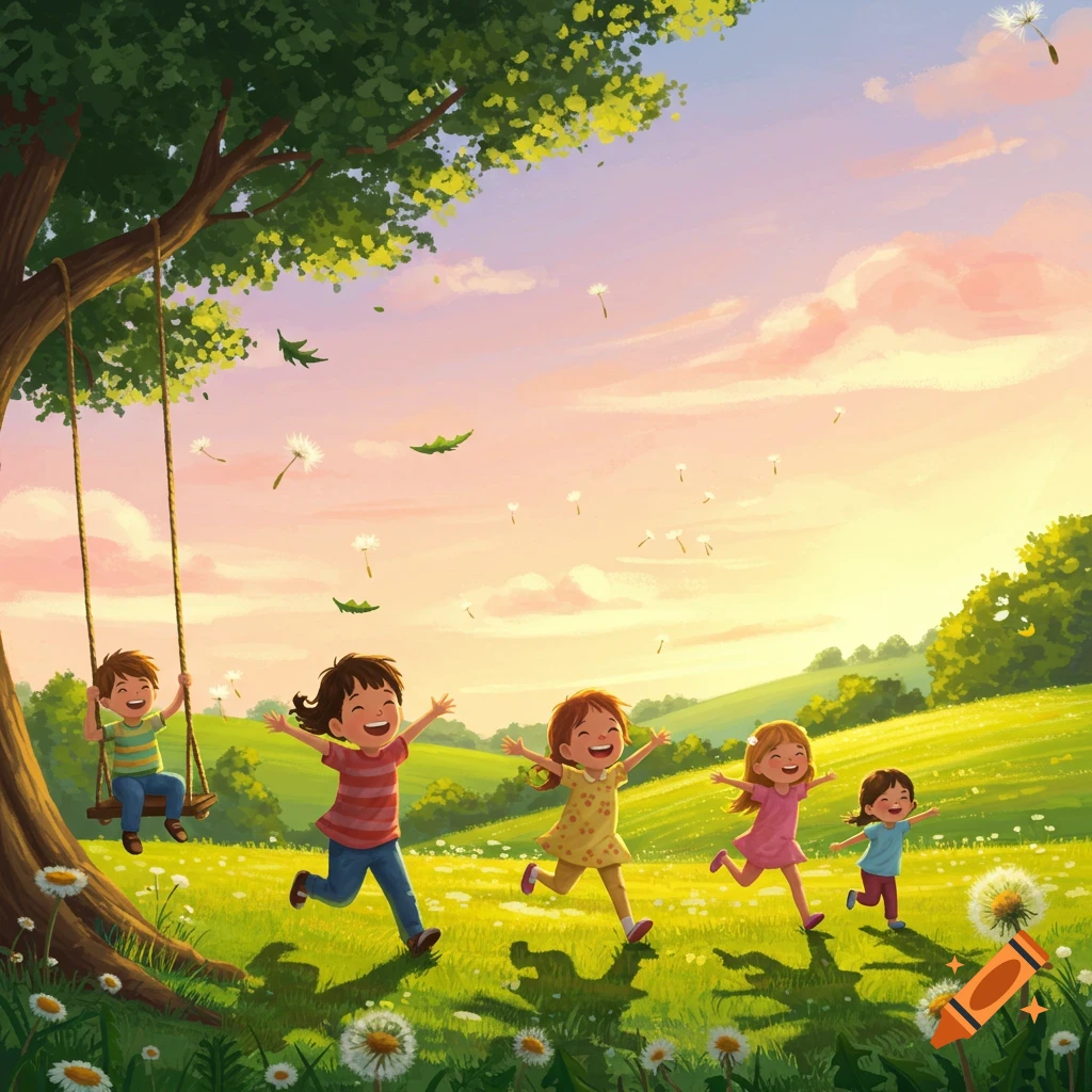 Five happy children playing in a sunny, flower-filled meadow with a tree swing, illustrated in a cheerful, vibrant style.