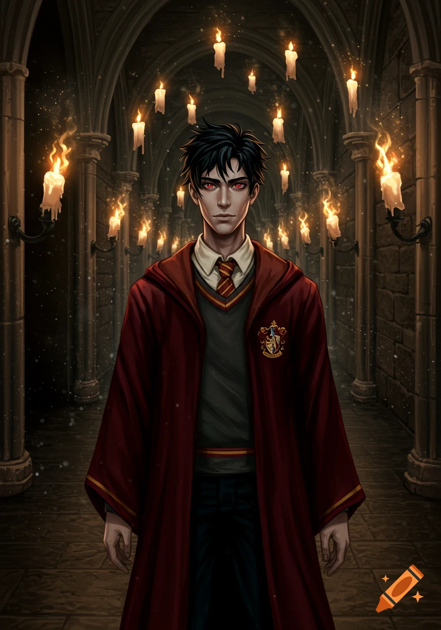 An anime-style character with dark hair and red eyes, wearing Gryffindor robes, stands in a dark, vaulted hall with floating candles.