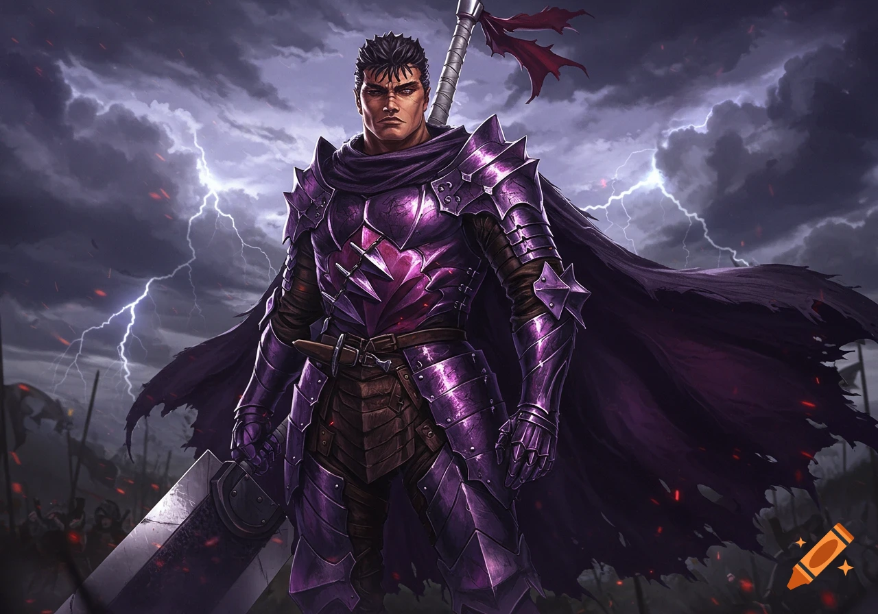 A powerful warrior in purple berserker armor and dark cape holds a giant sword under a stormy, lightning-filled sky on a battlefield.