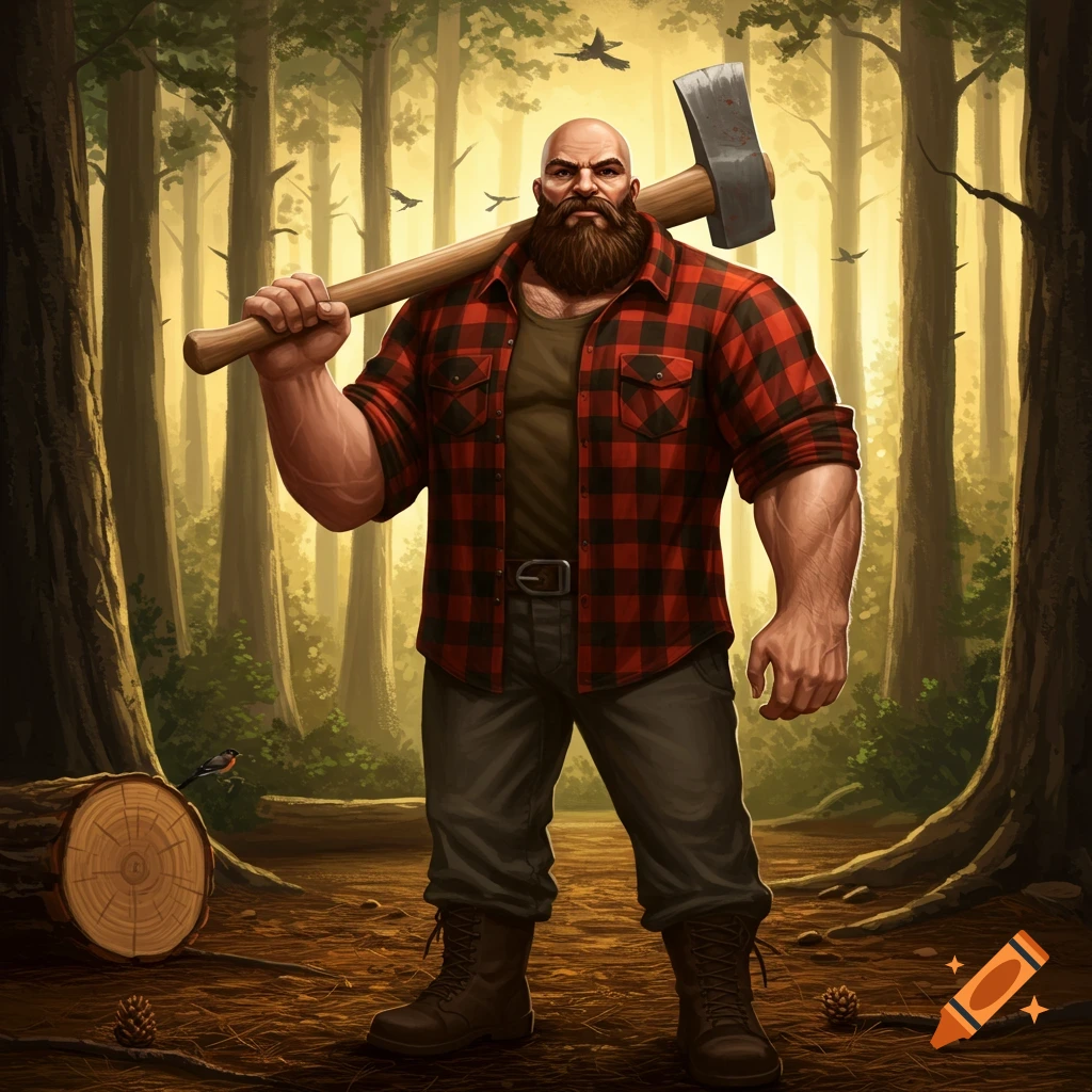 A muscular, bald, bearded lumberjack in a red plaid shirt and dark pants holds an axe over his shoulder in a sunlit forest.