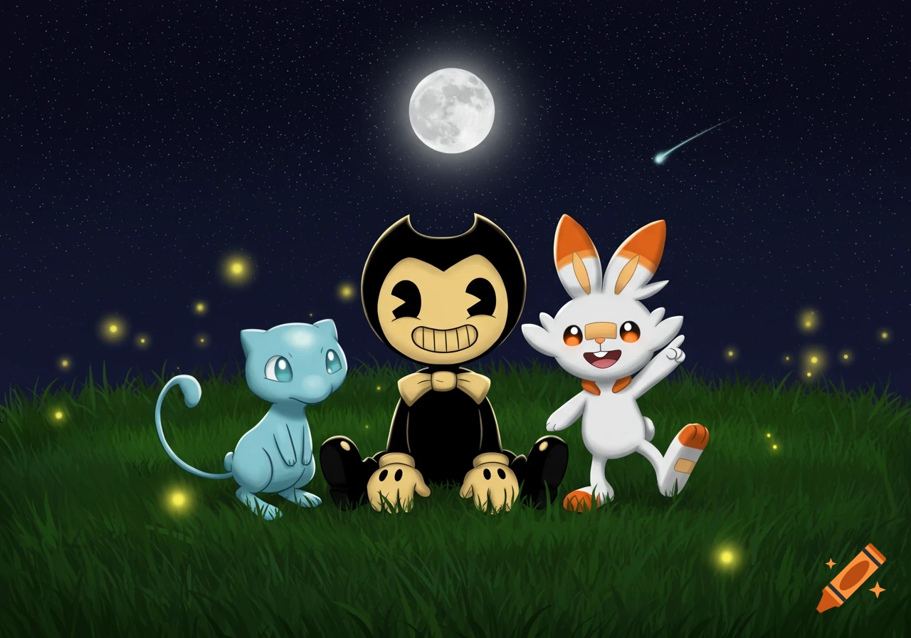 Cute Bendy, Shiny Mew, and Scorbunny sit together in a grassy field under a starry night sky with a full moon and fireflies.