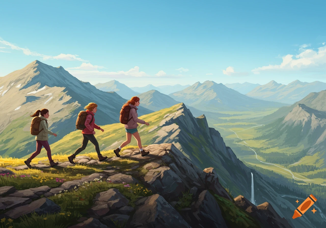 Three female hikers walk along a rocky mountain ridge overlooking a vast valley under a clear blue sky in a stylized illustration.