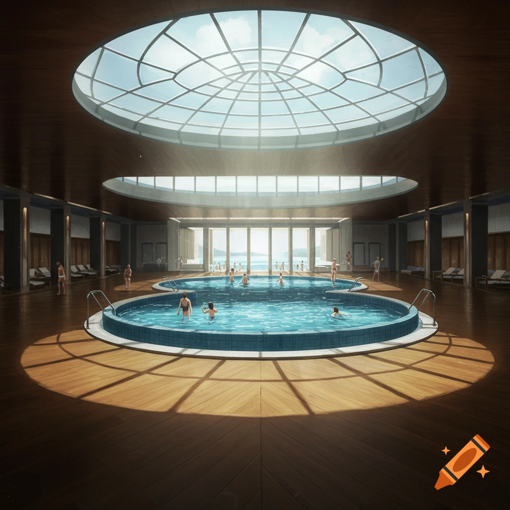 A photorealistic image of a large indoor swimming pool room with a circular skylight and a wooden floor, with people swimming.