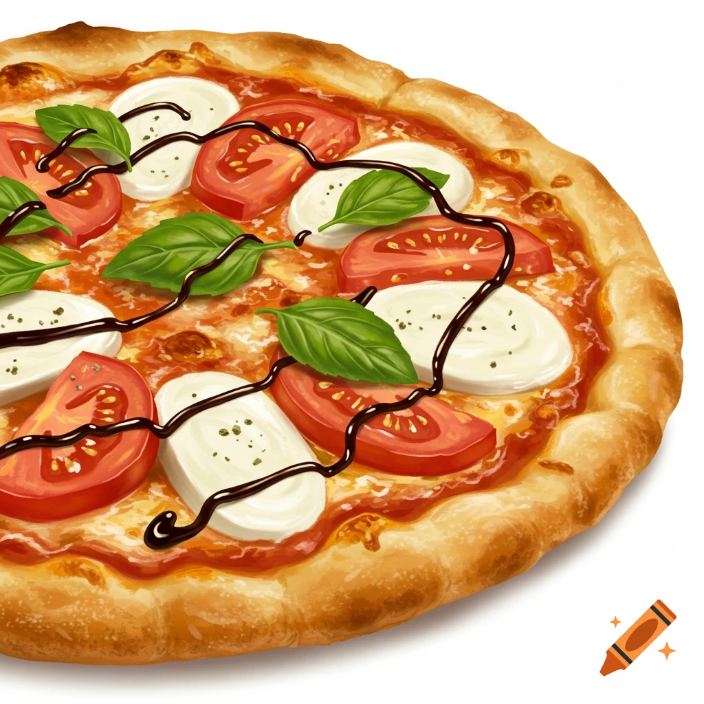 Illustrative close-up of an artisan pizza with tomatoes, mozzarella, basil, and balsamic glaze on a white background.