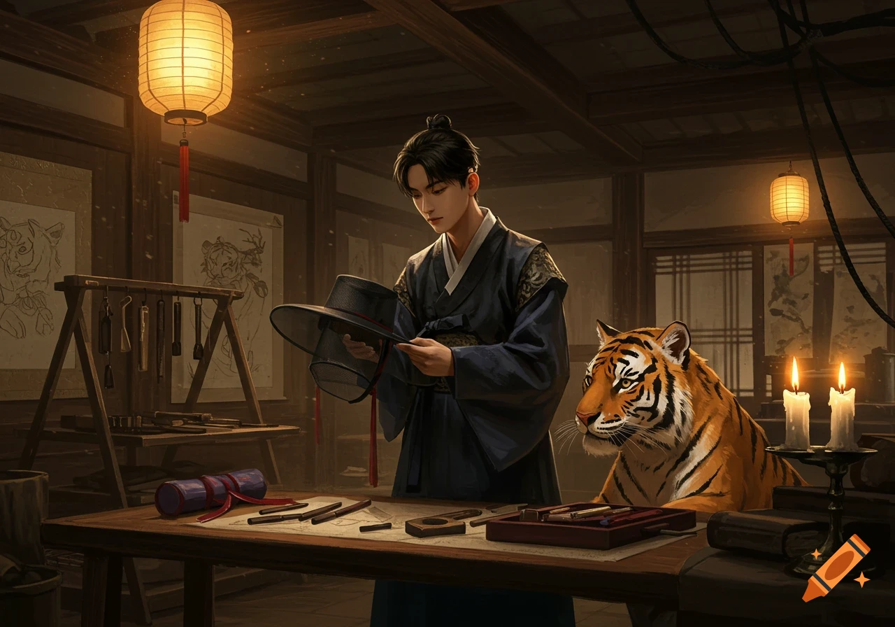 A man in traditional Korean attire holds a large hat, standing beside a tiger in a warmly lit, traditional room with drawings on the walls.