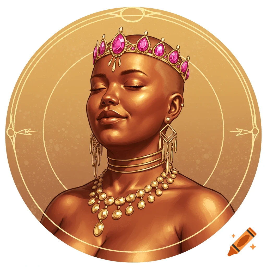 Stylized portrait of a bald woman with closed eyes, smiling contentedly, wearing an ornate pink-gemmed crown and gold jewelry in a golden circular frame.