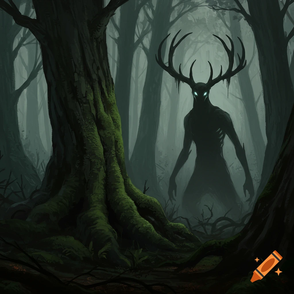 A shadowy, antlered figure with glowing eyes stands in a dark, misty forest.