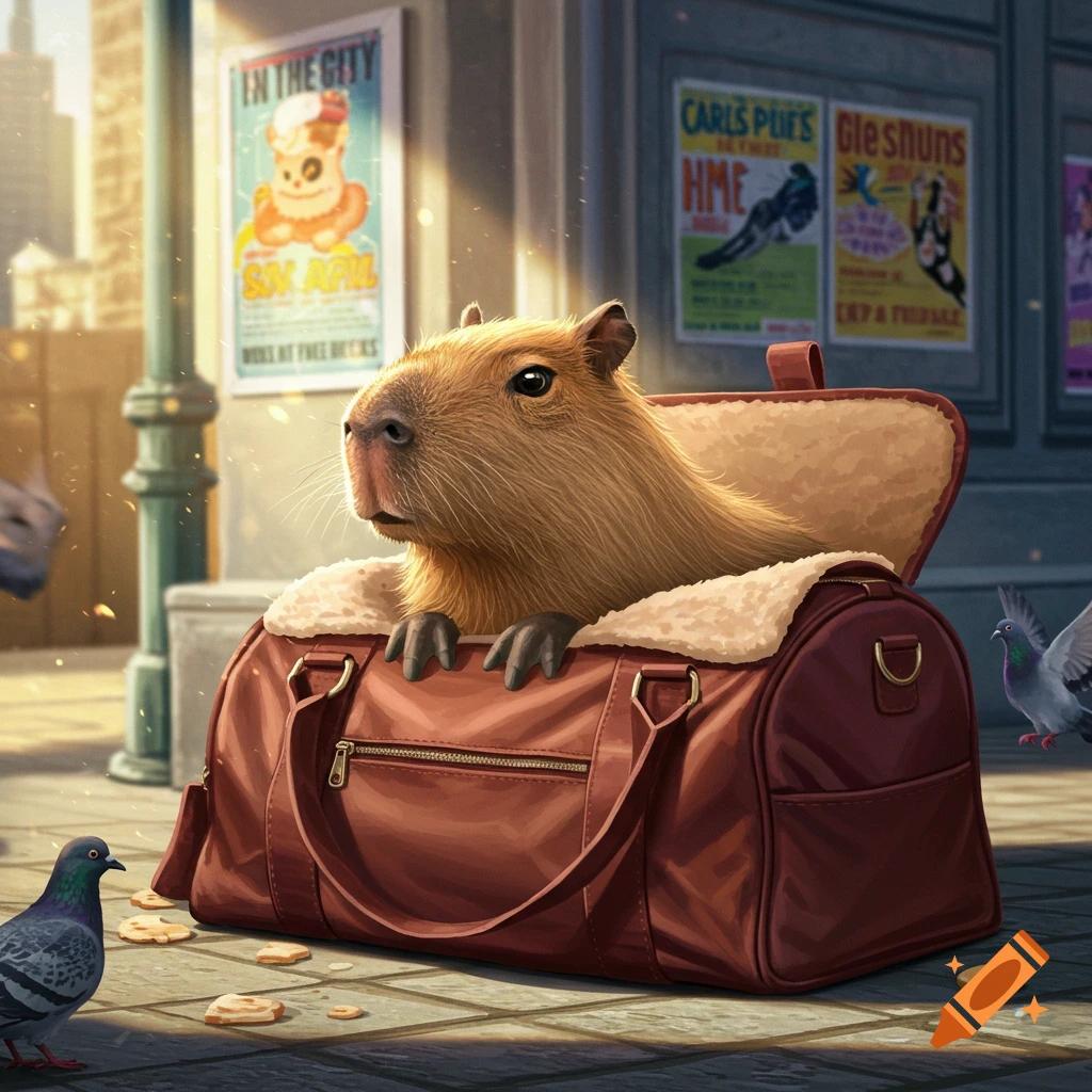 A cute capybara sits inside a brown duffel bag on a city sidewalk with pigeons and posters in the background.