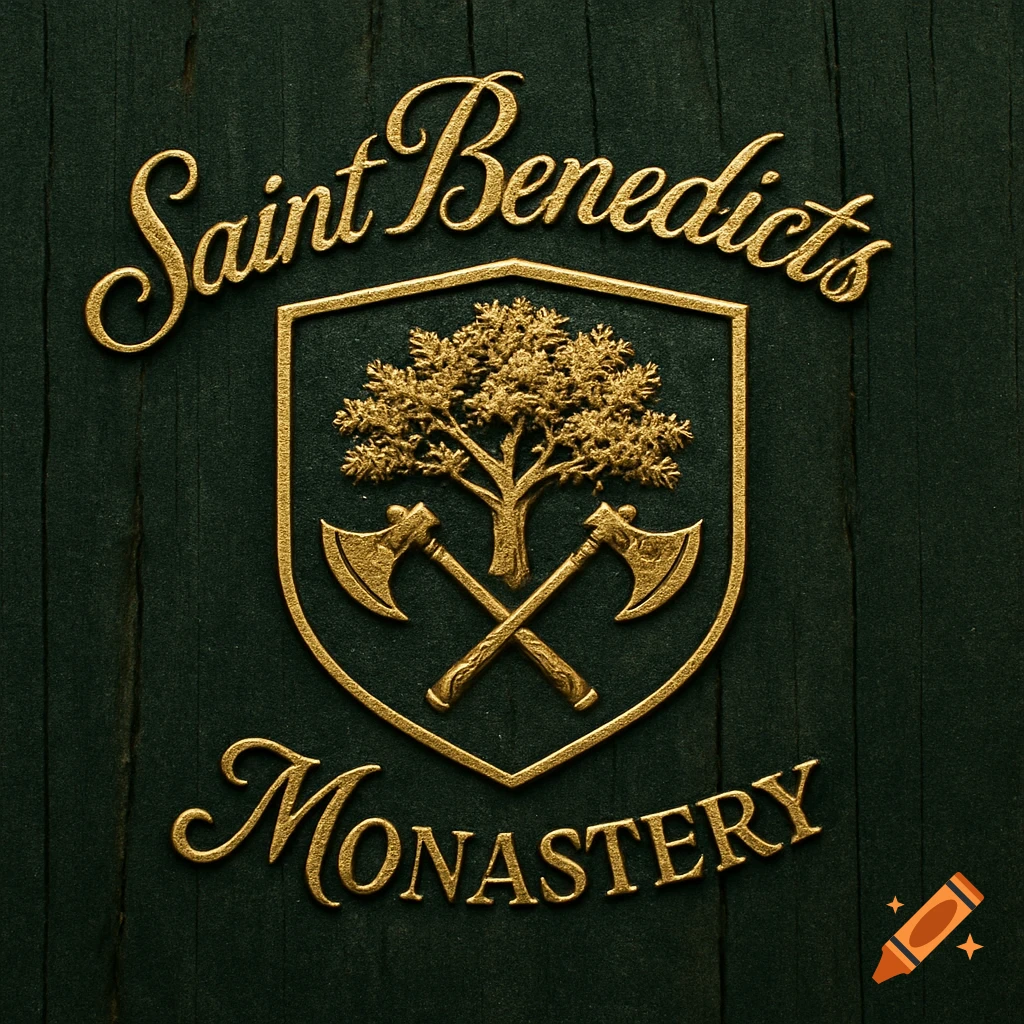 A realistic gold logo for Saint Benedicts Monastery on dark green weathered wood, featuring a shield crest with an oak tree and crossed axes.