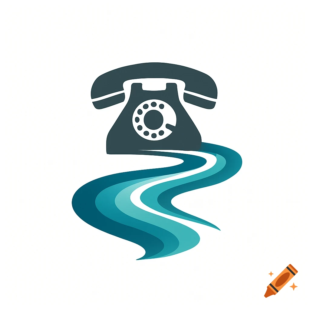 A clean logo design featuring a dark gray vintage telephone with a wavy blue and teal ribbon-like shape flowing from its base, on a white background.