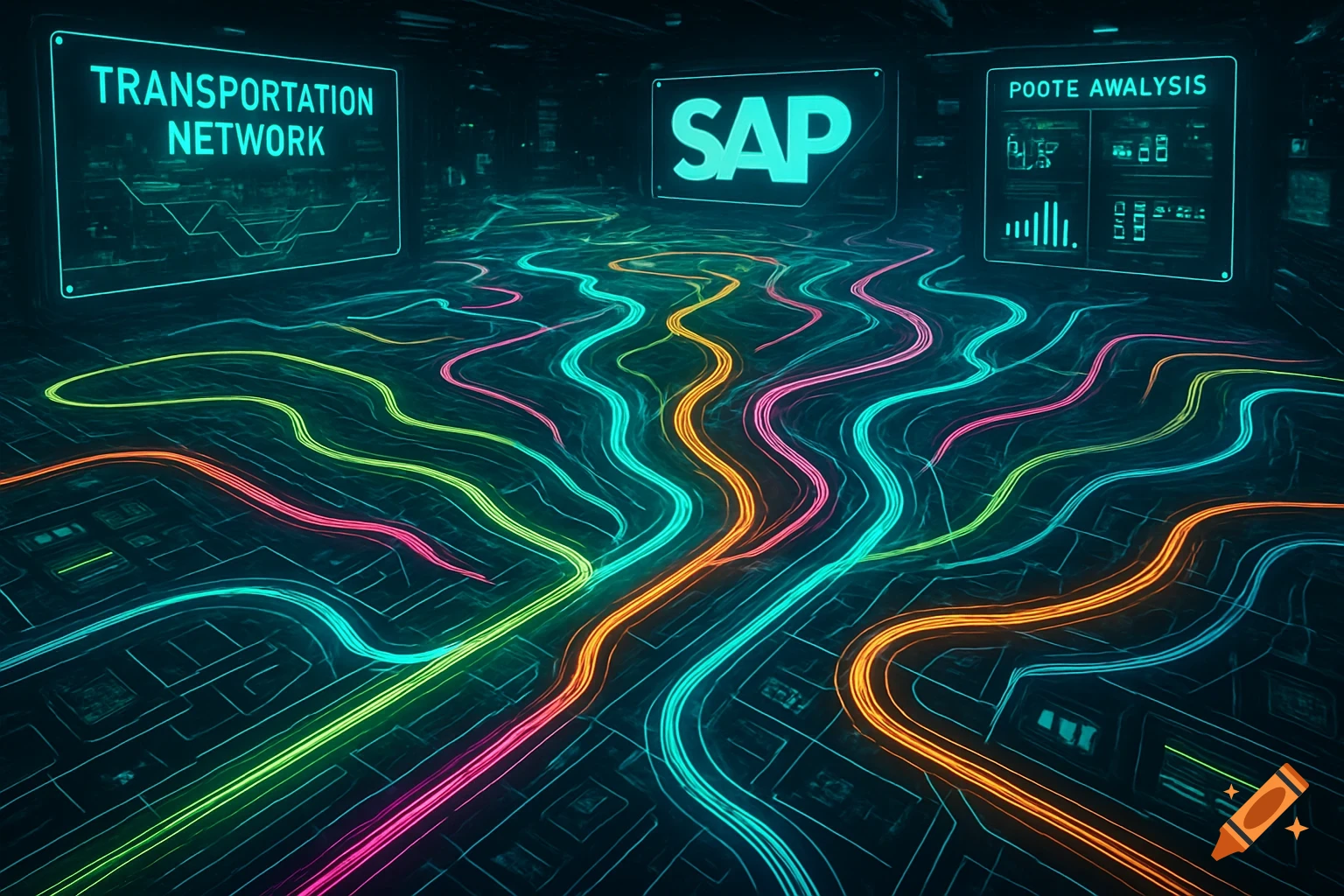 A futuristic digital art rendering of a glowing transportation network with neon lines and screens displaying 'TRANSPORTATION NETWORK', 'SAP', and 'POOTE AWALYSIS'.