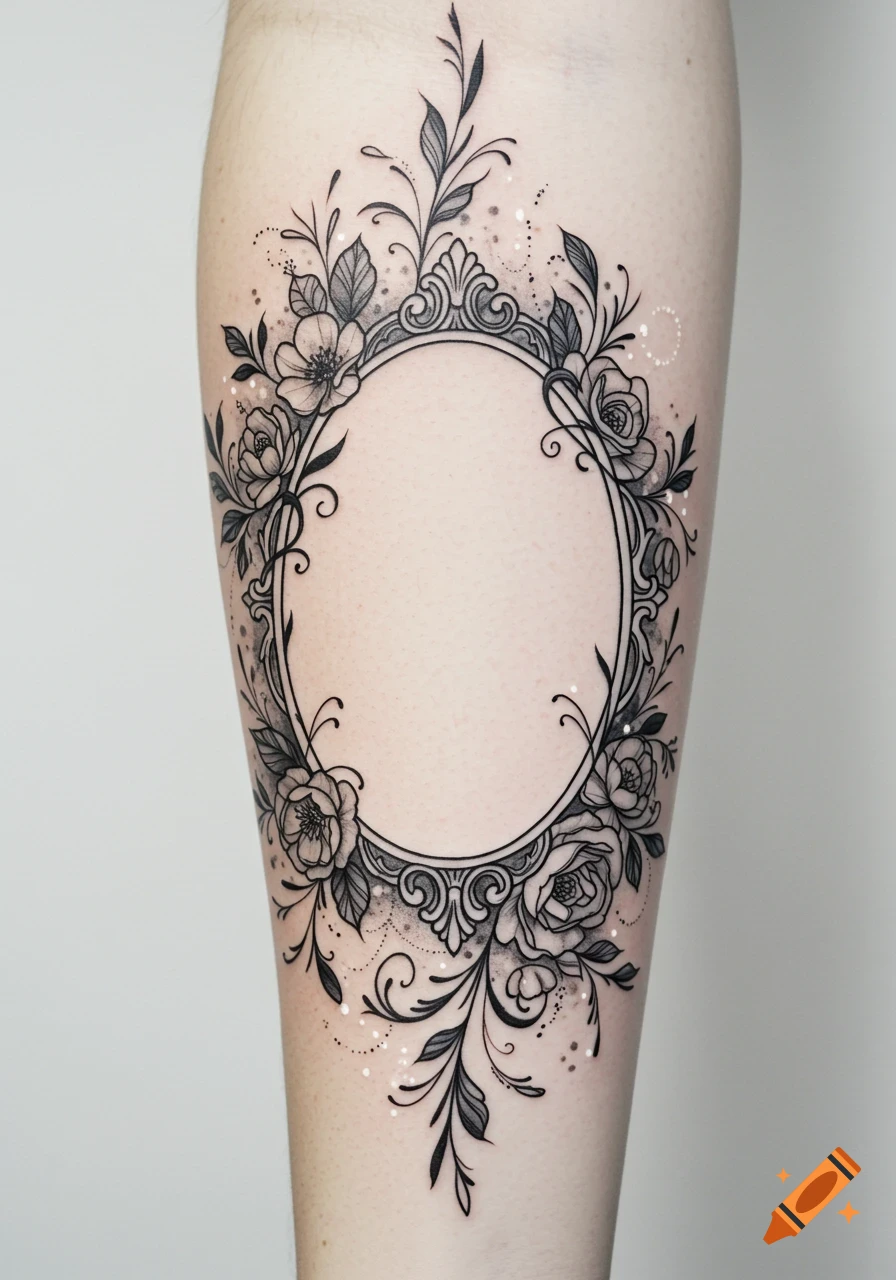 Black and gray forearm tattoo of an ornate oval frame surrounded by elegant floral designs and swirling vines.