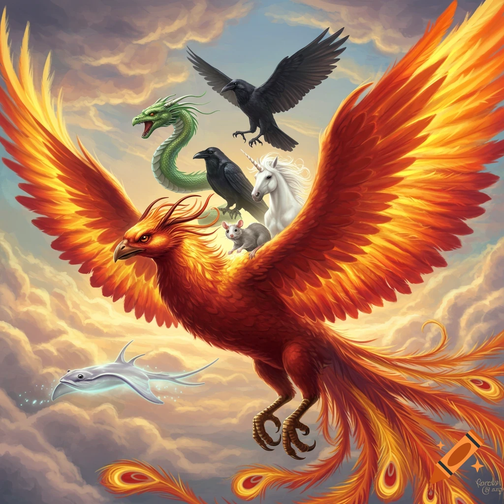 A majestic phoenix with fiery orange and red wings flies through a cloudy sky, carrying a green dragon, two black ravens, a white unicorn, a gray rat, and a glowing white stingray.