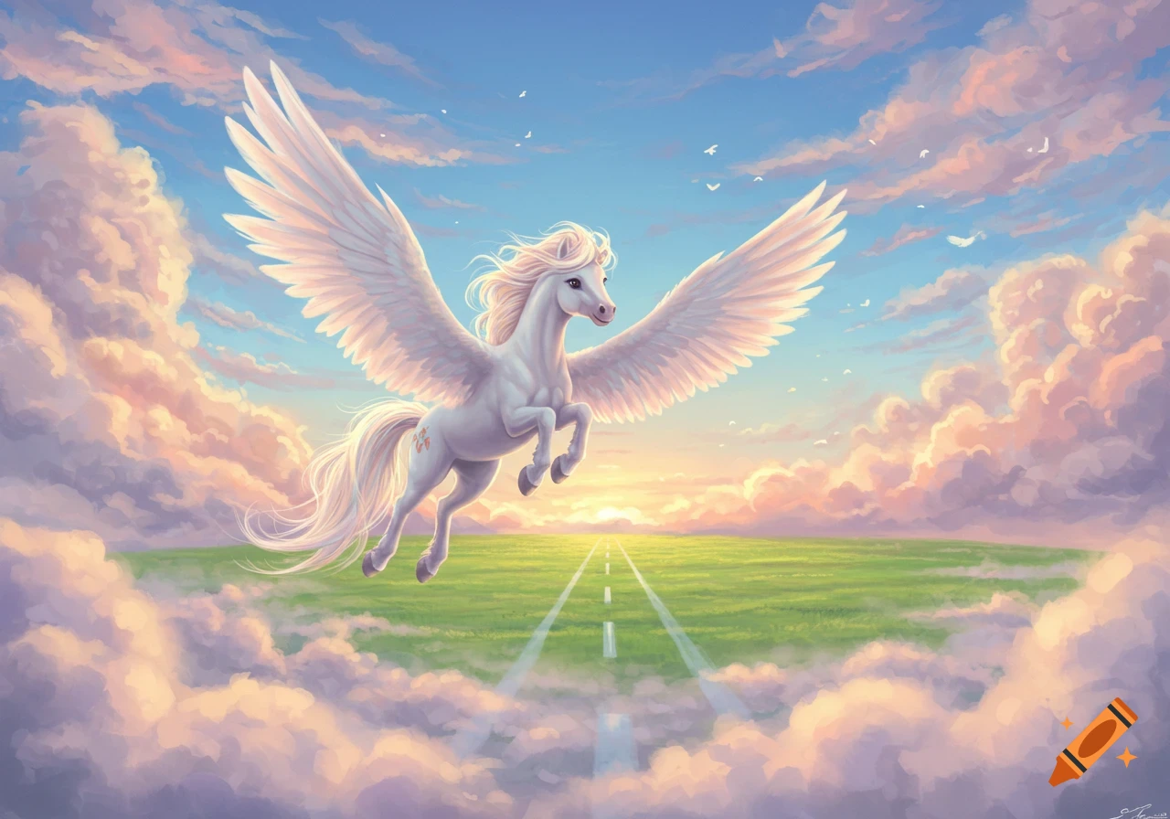 A white pegasus with large feathery wings flies over a vibrant green field and pastel clouds towards a glowing sunrise.