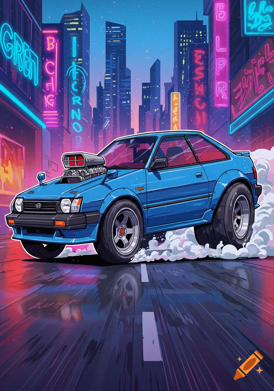 A vibrant stylized illustration of a blue 1980s Subaru GL hot rod doing a burnout on a neon-lit city street at night.