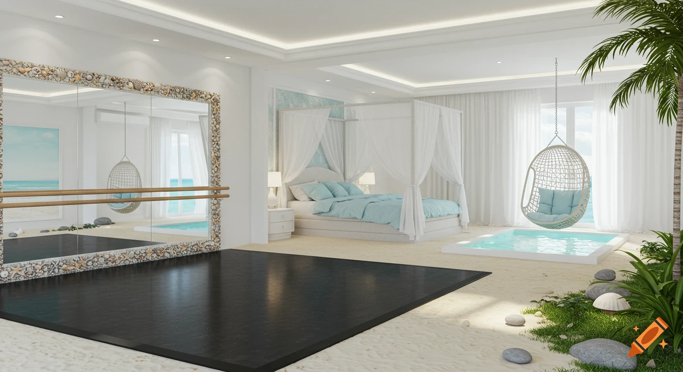 Spacious beach-themed room with a white canopy bed, black dance floor, mirror, ballet barre, pool, and hanging swing.