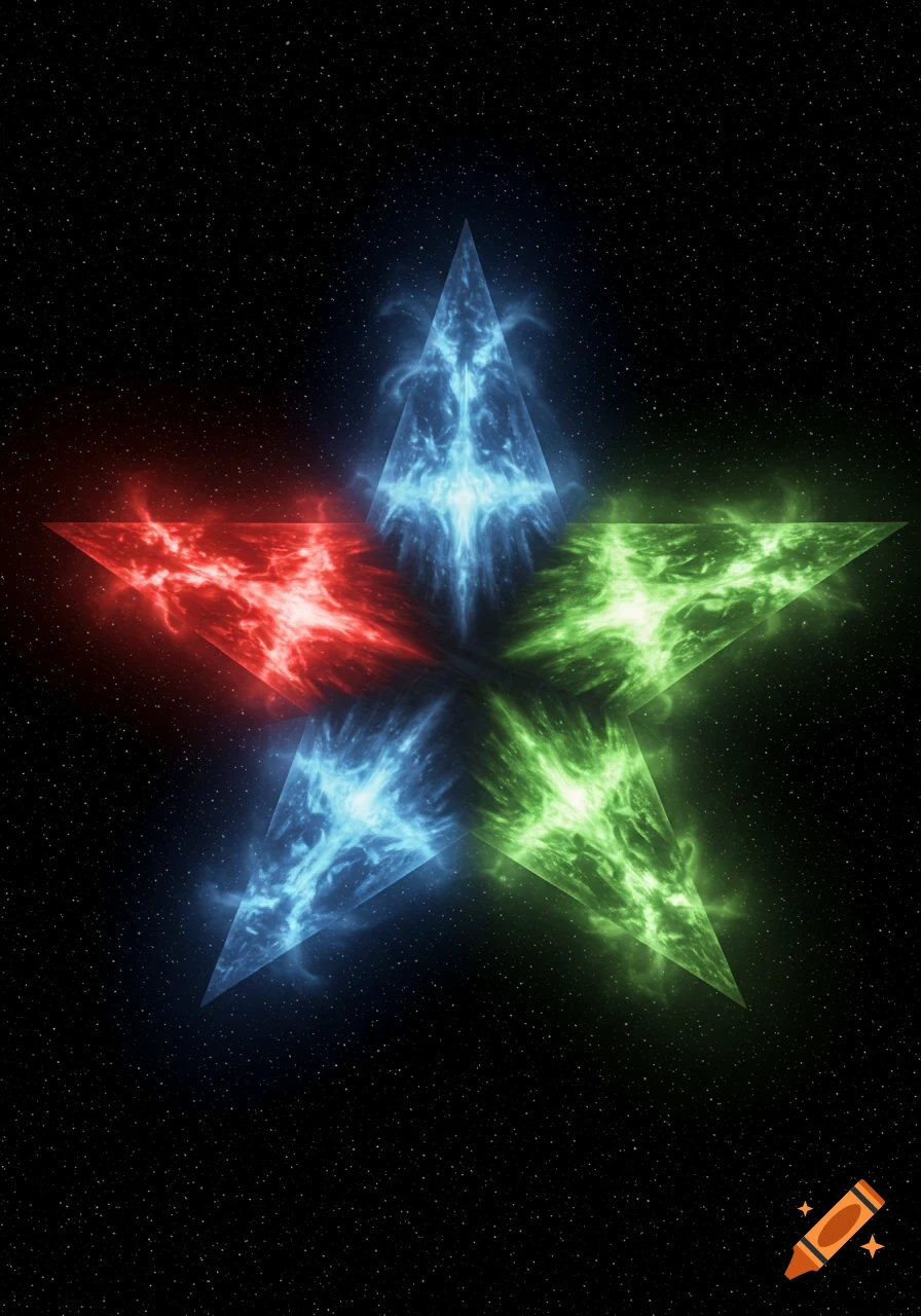 A glowing five-pointed star in space, with red, green, and blue luminous points against a starry black background.