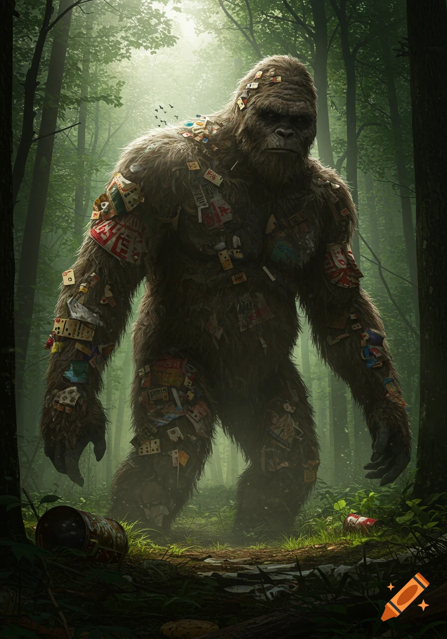 A large, furry Bigfoot-like creature covered in discarded trash stands in a misty forest.