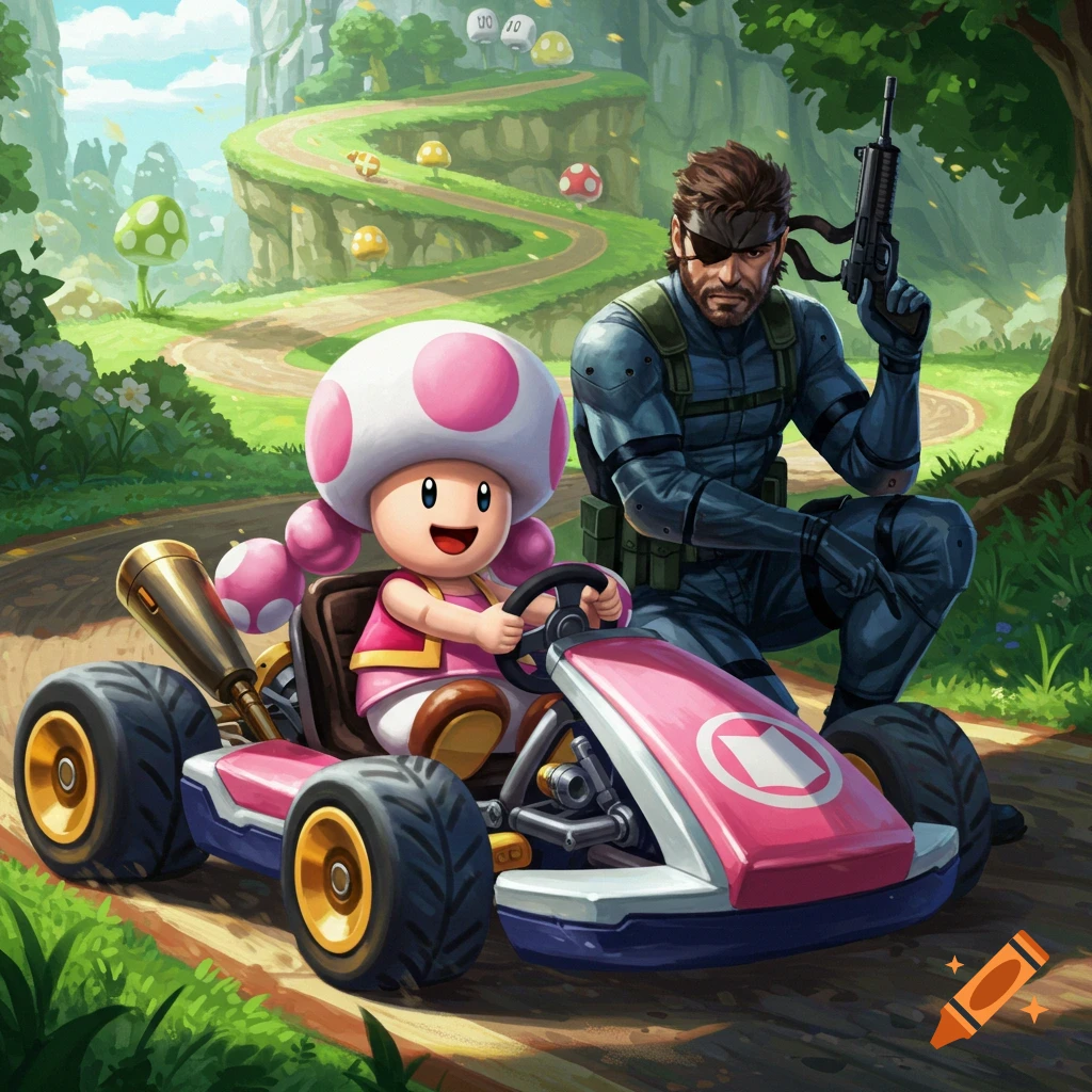 Toadette in a pink kart beside Solid Snake holding a rifle, on a Mario Kart-style race track with mountains and mushroom structures.