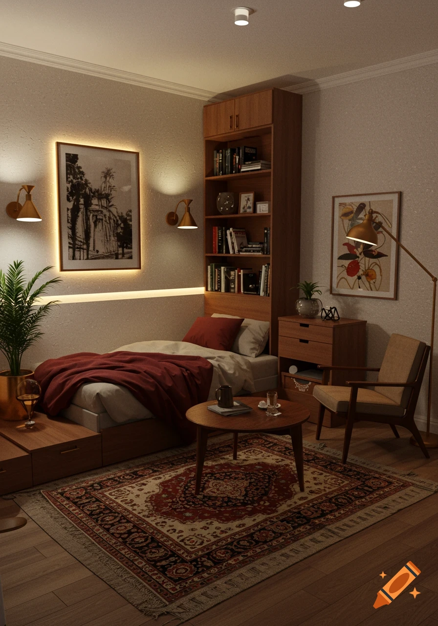A cozy, warm bedroom retreat with a low bed, dark red throw, wooden furniture, a full bookshelf, wall sconces, a patterned rug, and soft mood lighting.