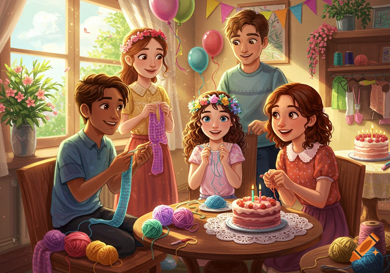 A group of animated friends knitting and celebrating a birthday with cake and balloons in a bright room.