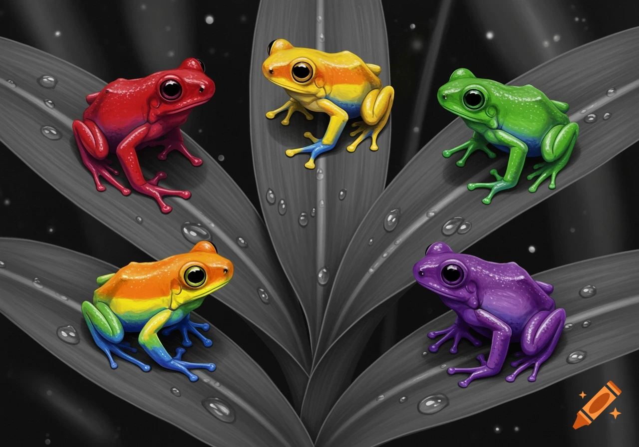 Five vibrantly colored frogs, including red, yellow, green, orange, and purple, sit on grey leaves with water droplets.