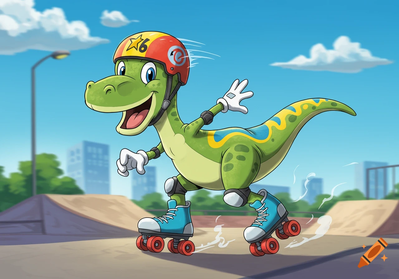 A cartoon green raptor in a helmet and roller skates poses in a skate park.