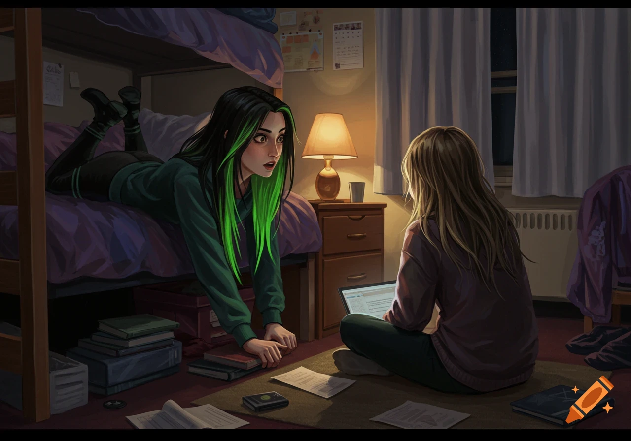 Two young women in a dorm room at night, one with green-streaked hair on a bunk bed looking at another on the floor with a laptop.