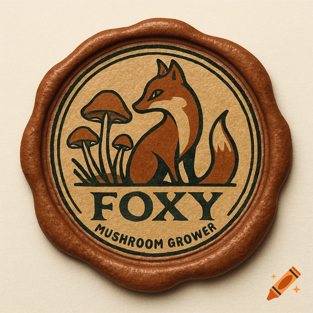 A brown wax seal logo featuring a stylized orange and brown fox sitting next to a cluster of mushrooms, with the text "FOXY MUSHROOM GROWER" below.