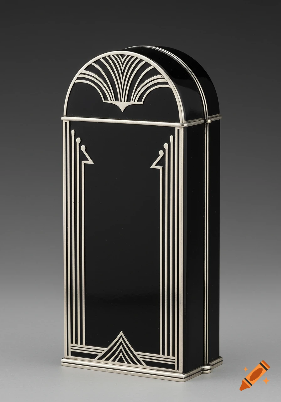 A tall, black rectangular box with a rounded top, adorned with silver Art Deco geometric patterns, standing on a grey surface.
