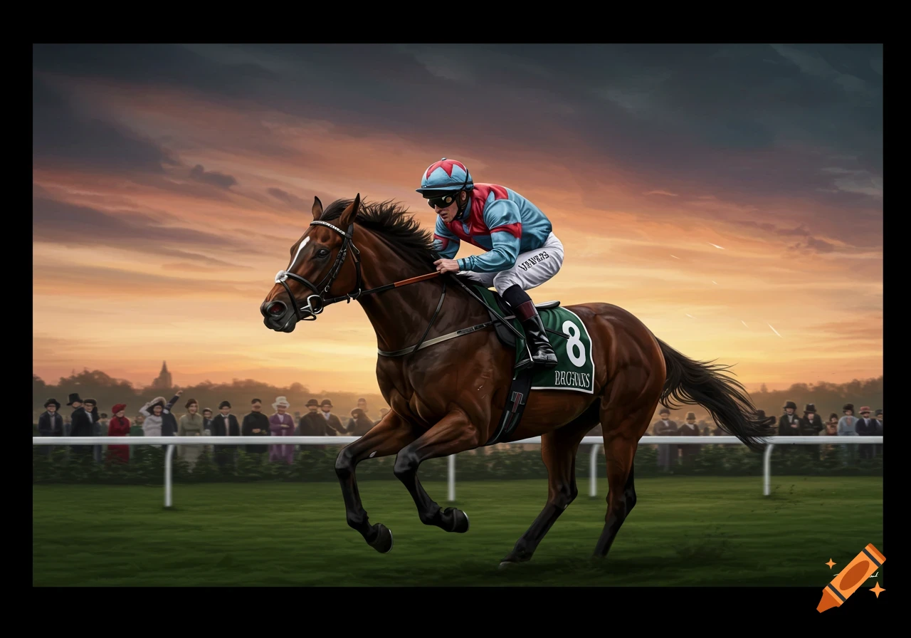A brown racehorse with a jockey in a red and blue silks, galloping on a green track under a dramatic sunset sky with spectators in the background. The horse wears saddlecloth number 8.