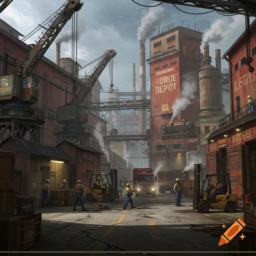 An industrial scene with large red factory buildings, smokestacks, cranes, and workers moving goods with forklifts and trucks.