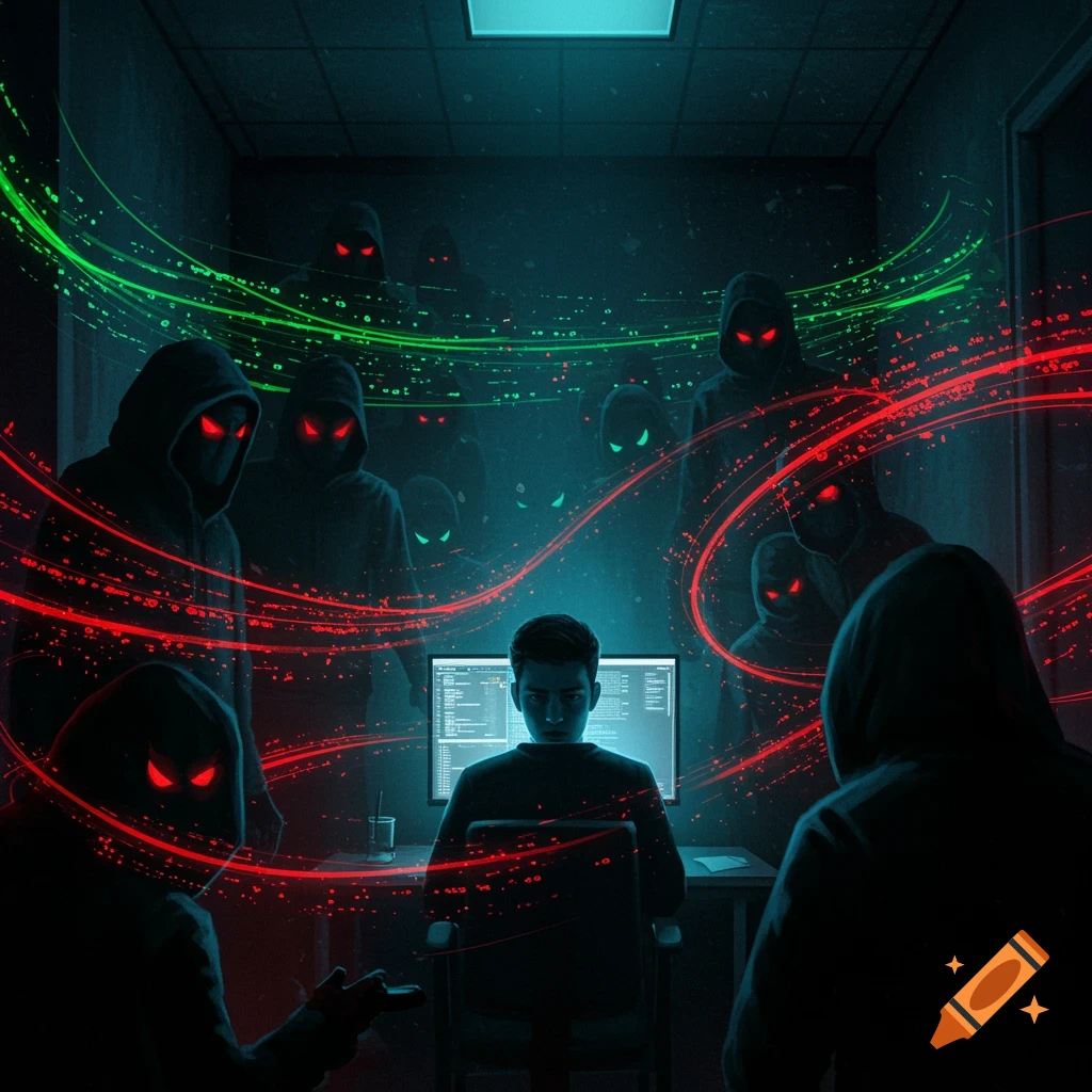 A person sits at a computer, surrounded by shadowy figures with glowing red eyes and swirling digital lines, in a dark, ominous room.