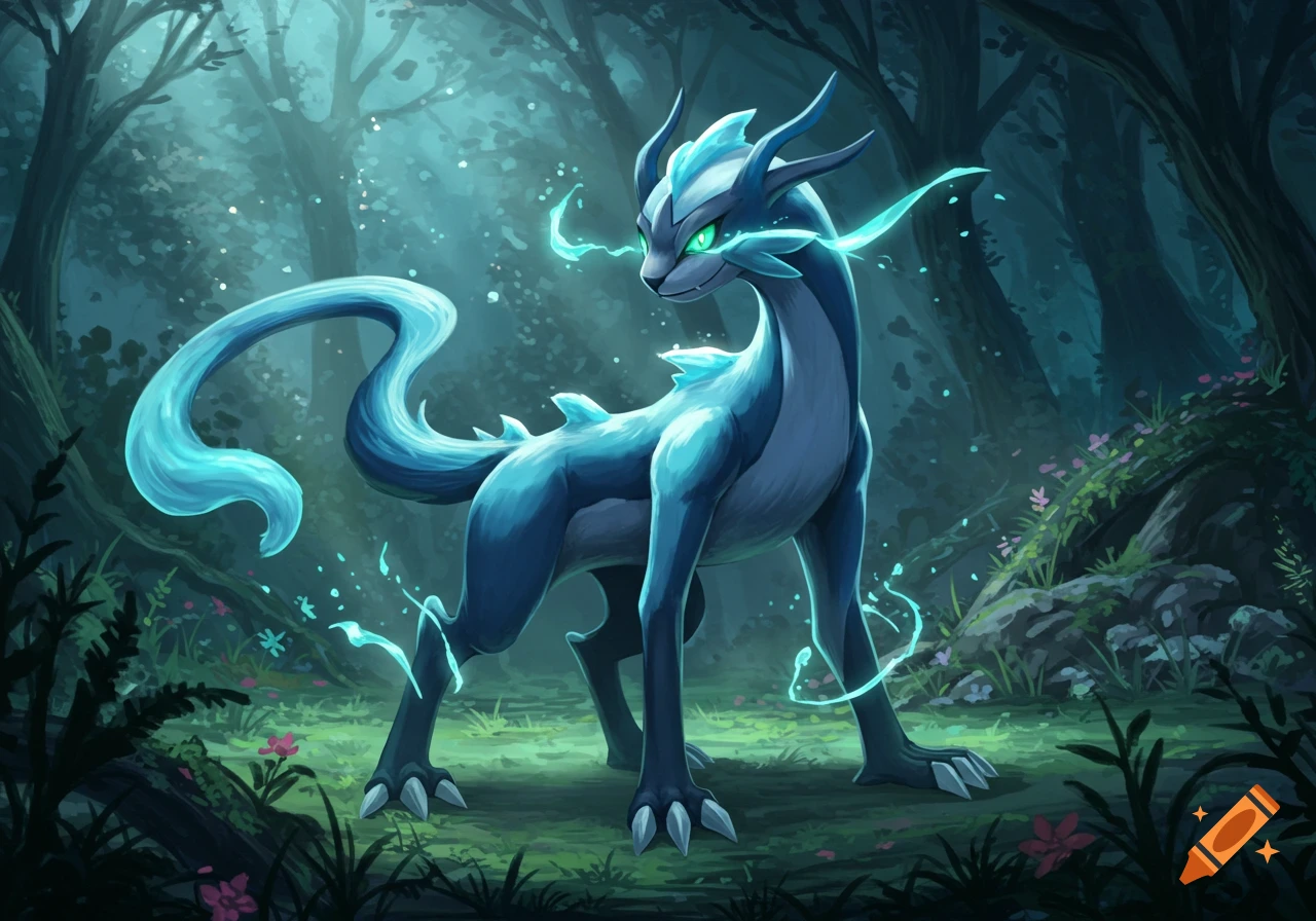 A blue and white fantasy creature resembling a Pokemon stands in a mystical, dark forest with glowing light and floating particles.
