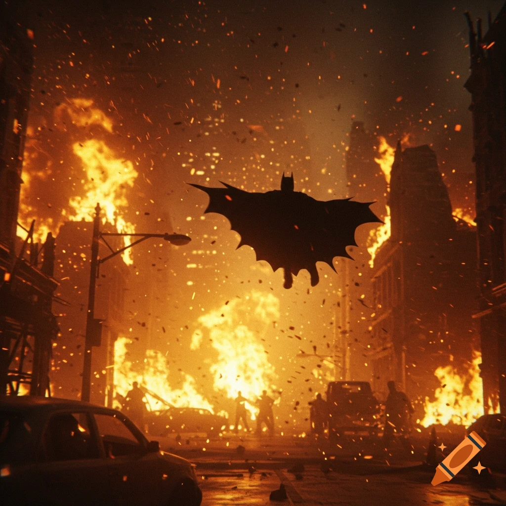 Batman glides through a fiery, destroyed city at night, with buildings ...
