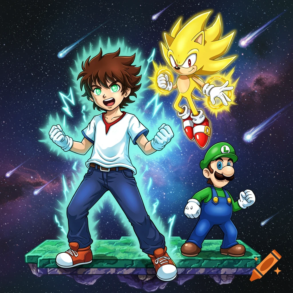 An anime boy with green glowing eyes and blue energy aura, Super Sonic, and Luigi stand on a floating platform in space with shooting stars.