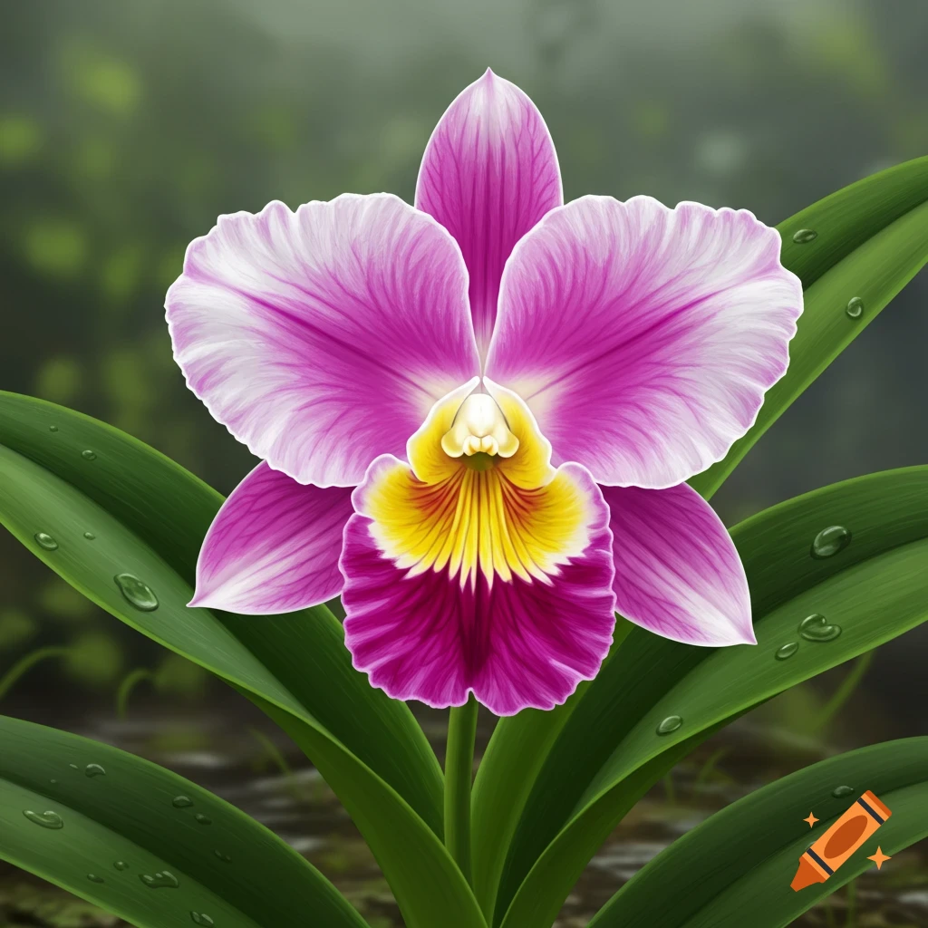 A vibrant pink, white, and yellow orchid with green leaves and water droplets against a blurry green background.