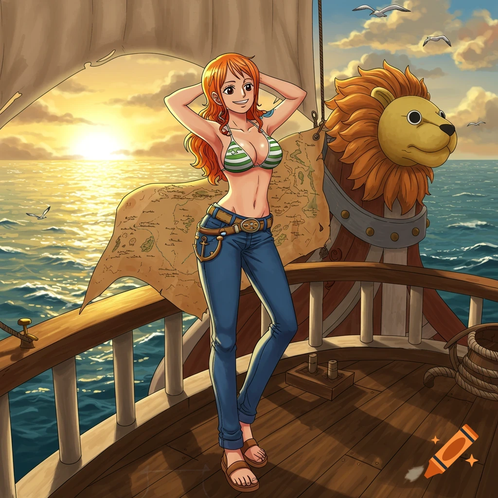 Anime character Nami from One Piece in a bikini top and jeans on a ship at sunset.